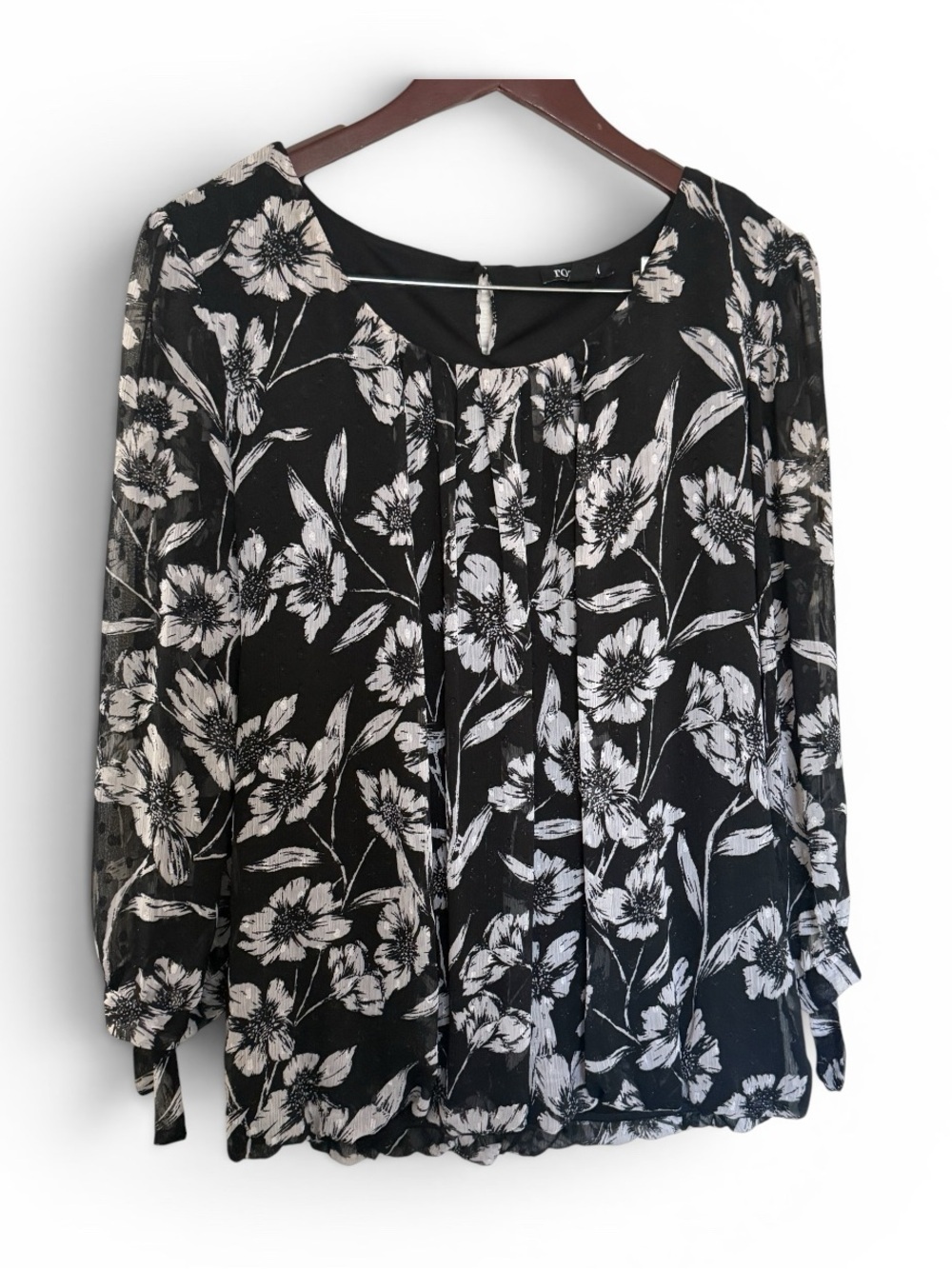 Black Floral Long-Sleeve Peasant Blouse -XL